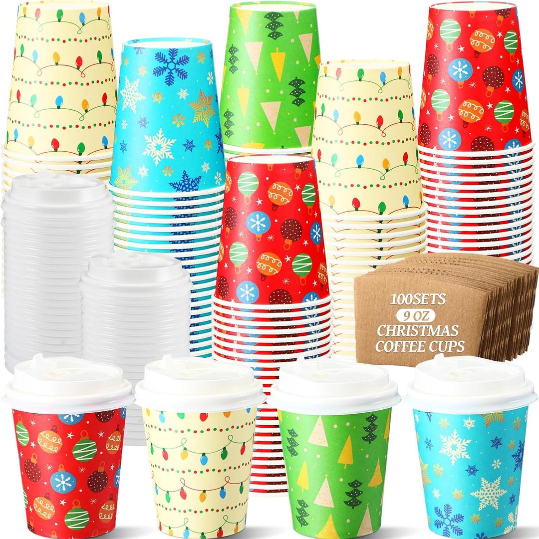 Cunhill 100 Sets 9oz Christmas Disposable Coffee Cups with Lid Vivid