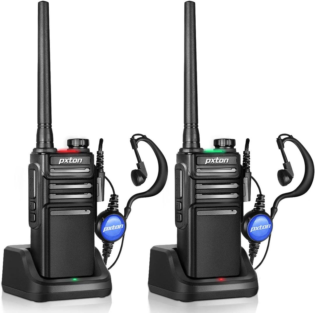 pxton 999S Rechargeable walkie talkies for Adults Long Range with Upgrade earpieces and Charger Dock,GMRS Handheld Two Way radios IP54 Waterproof 10 NOAA CH walkie Talkie (2 Pack)