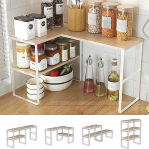 Golener Countertop Organizer Corner Shelf, 2 Tier Adjustable Stackable Corner Shelves for Kitchen, Bathroom, Spice Rack, Coffee Bar, Over Sink, Dresser Table, Corner Counter Shelf Stand, Natural Beige (Large Modern)