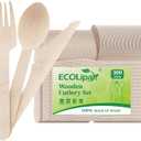 ECOLipak 300 Count Disposable Wooden Cutlery Set, 100 Knives, Forks and Spoons each, Splinter-Free Compostable Wooden Disposable Utensils for Party, Camping, Traveling, Family Dinners