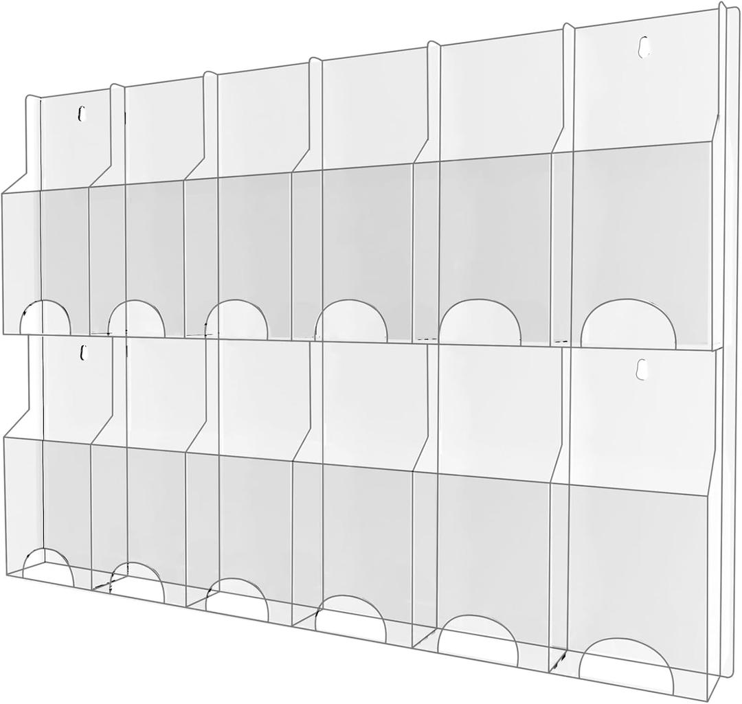 Acrylic Brochure Pamphlet Holder, 12 Pamphlet Holders, Clear Brochure Display Stand Wall Mount, Trifold Flyer Rack, Literature Storage Rack for Home, Offices, Waiting Room