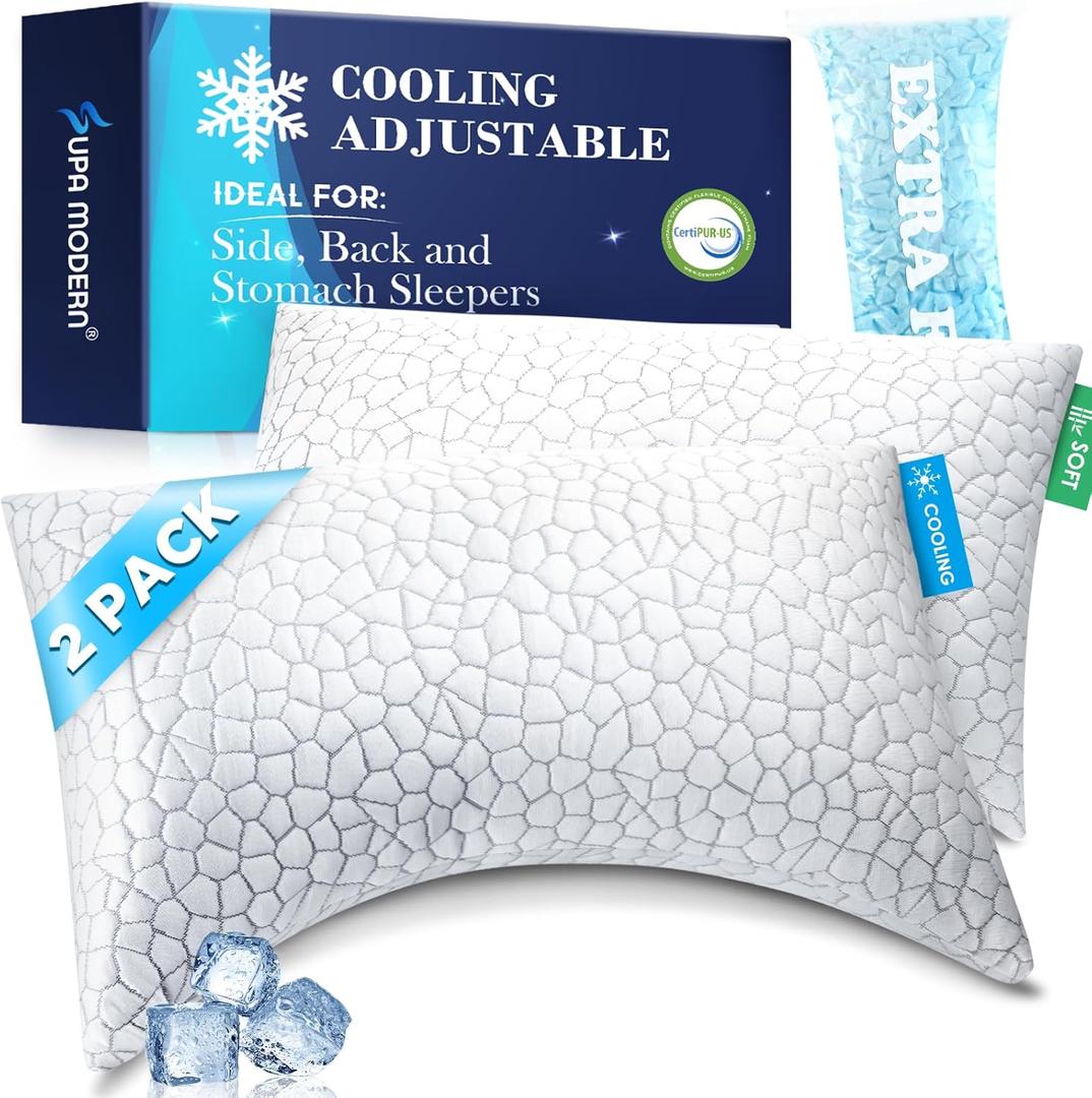 Side Sleeper Pillows for Adults 2 Pack, Cervical Pillow for Side Sleepers, Cooling Pillow with Ergonomic Design, Adjustable Crescent Shredded Memory Foam Pillows for Neck and Shoulder Pain Relief