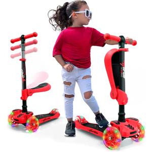 Hurtle 3-Wheeled Scooter for Kids - Wheel LED Lights, Adjustable Lean-to-Steer Handlebar, and Foldable Seat - Sit or Stand Ride with Brake for Boys and Girls Ages 1-14 Years Old (Red)