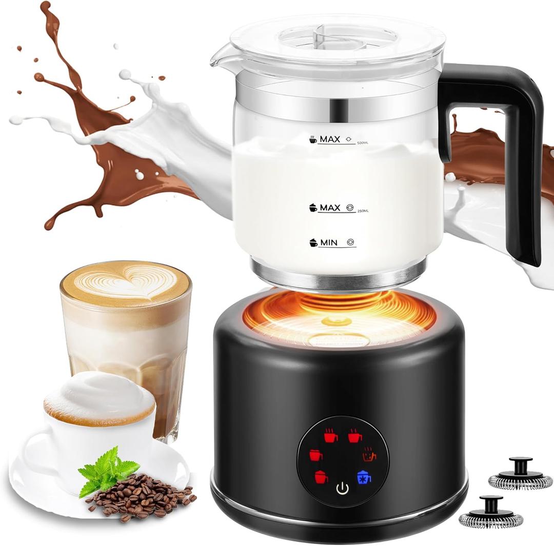 Milk Frother and Steamer, 6 in 1 Milk Steamer and Milk Warmer, 17oz Auto Shut Off Electric Frother with Touch Screen, Hot/Cold Foam Maker for Coffee, Latte, Cappuccino, Hot Chocolate, Black
