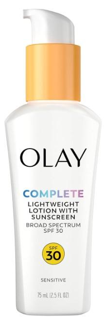 Olay Face Moisturizer, Complete with Sunscreen SPF 30, Fragrance-Free for Sensistive Skin, Broad Spectrum Sun Protection, Long-Lasting Hydration, Non-Comedogenic - Vitamin E & Aloe - 2.5 Oz - 1 Pack