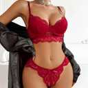 Avidlove Lingerie for Women Lace Strappy Underwear V Neck Bra and Panty Sets 2 Piece Bralette Outfits (Large, Dark Red)