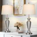 30" Tall Silver Table Lamps Set of 2 for Living Room, Touch Control Bedside Lamps for Nightstand, 3-Way Dimmable Bedroom Table Lamp with USB A+C Ports and AC Outlet (2 LED Bulbs Included)