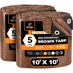 Multipurpose Protective Cover Brown Poly Tarp 10' x 10' (2-Pack) - Durable, Water Resistant, Weather Resistant - 5 Mil Thick Polyethylene - by Xpose Safety