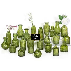 24PCS Mini Bud Vases As Wedding Centerpieces for Tables,Clear Bud Vases for Flowers,Small Flower Vases Suitable for Birthday Party,Anniversary,Wedding Reception,Baby Shower (Green, 24PCS)