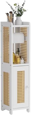 AmazerBath Toilet Paper Holder Cabinet, Bamboo Toilet Paper Holder Stand for Bathroom, Small Toilet Paper Storage Cabinet with Rattan Door, 30.3x7.8x7 inches, White