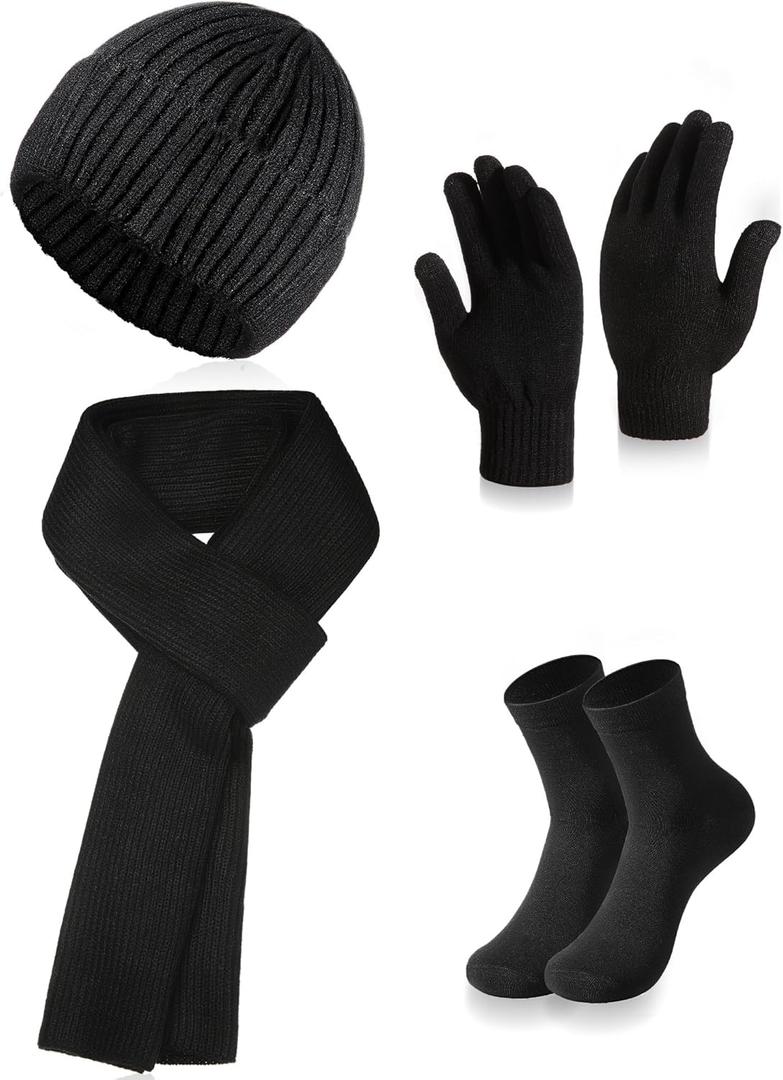Tarpop Men's Beanie Hat Winter 5 Pieces Skull Knit Cap Neck Warmer Scarf Touchscreen Gloves Set Socks for Men (Black)