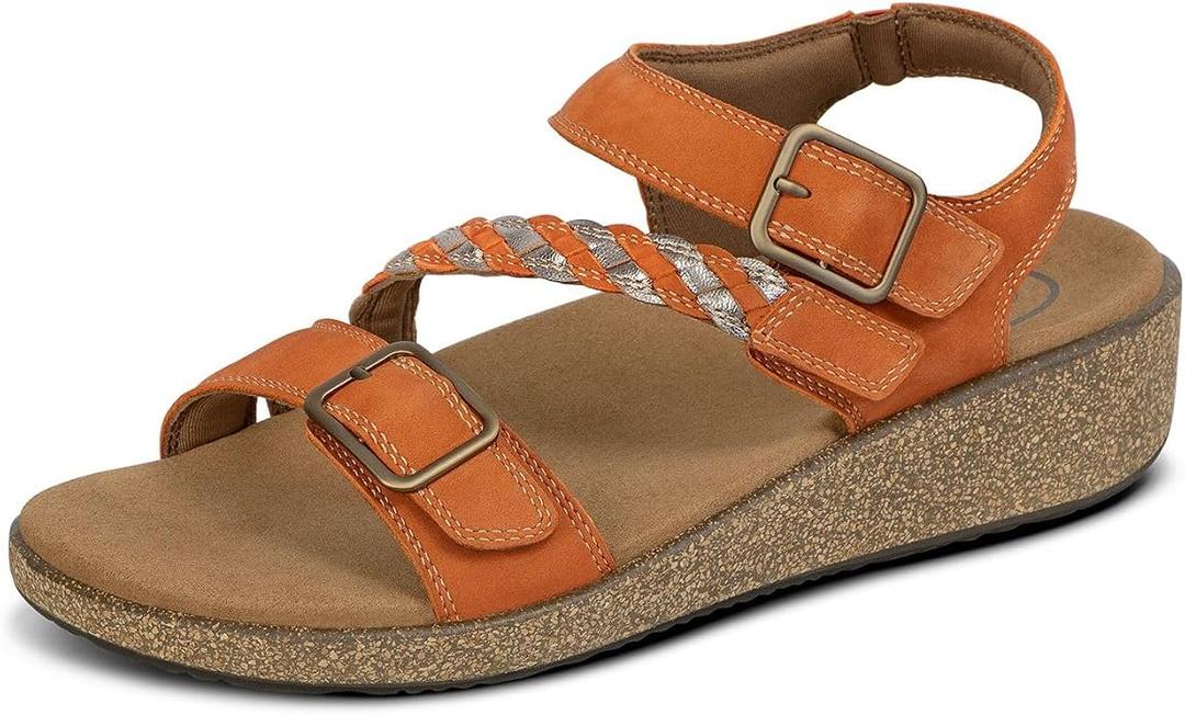 Orthofeet Chloe Orthopedic Womens Leather Sandal | Hands-Free Slip-On Cork Blend Slides with Wedge Heels, Adjustable Straps, Arch Support, Ergonomic Cushioning, Wide Toe Box, Spice, Size: US 8.5