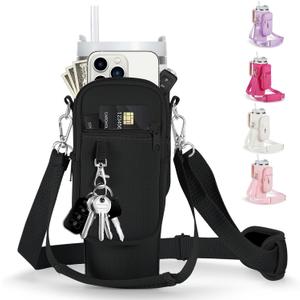 linmaya Water Bottle Carrier Bag with Phone Pocket for Stanley Cup 40/30oz,Insulated Neoprene Water Bottle Holder Cross-boday Bag with Adjustable Shoulder & Handheld Strap Stanley Cup Accessories (black)