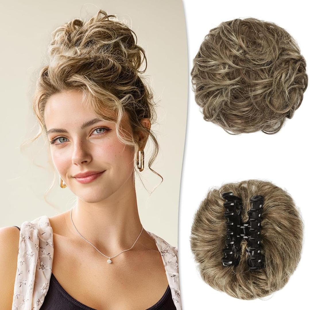 RUWISS Claw Clip Messy Bun Hair Piece Real Human Hair Buns Wavy Curly Chignon Hair Bun Extensions Tousled Updo Claw Clip Ponytail Hairpieces for WomenBrown to Blond (40g)