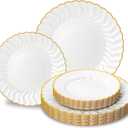 Lullaby 60PCS Pearl White Scalloped Plastic Plates with Gold Rim, Disposable Elegant Plates Include 30pcs Dinner Plate 10.25", 30pcs Dessert Plate 7.5", Perfect for Daily Use, Wedding and Party