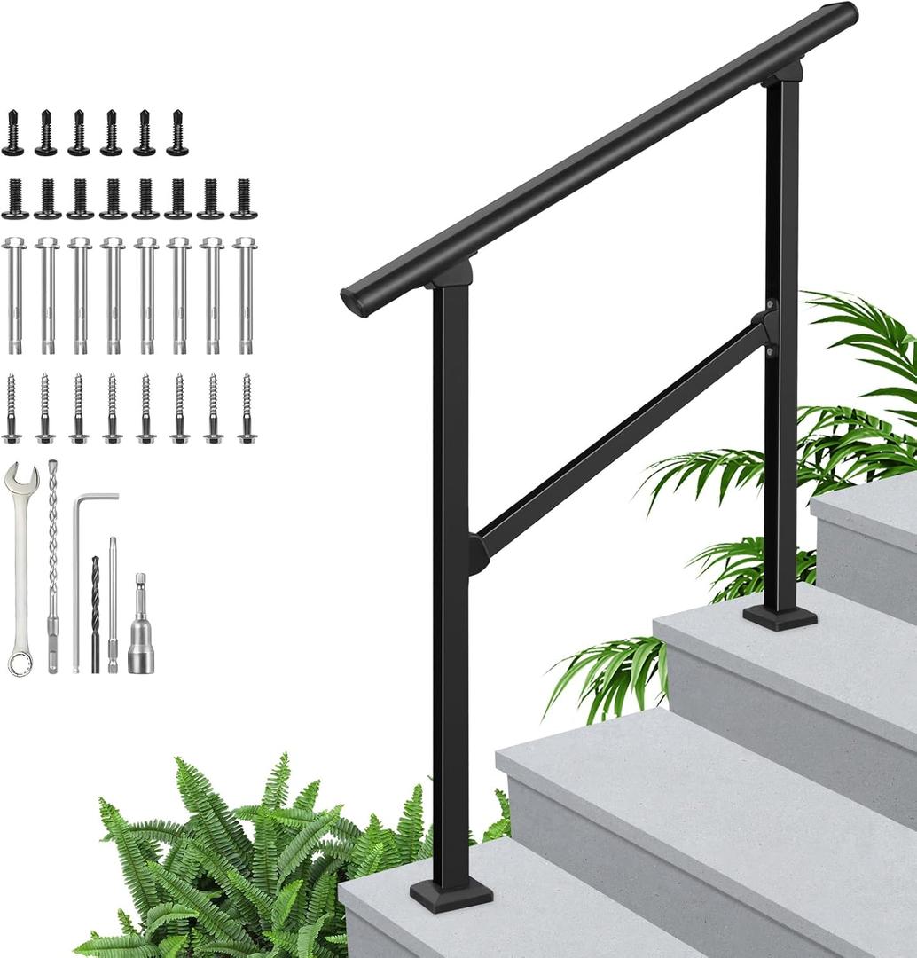 Hand Rails for Outdoor Steps, 3 Step Outdoor Stair Railing Kit - Wrought Iron 3 Step Handrail Railings for Stairs Indoor and Hand Rails for Porch Railing, Deck Hand Rail