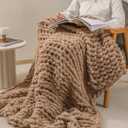 bearberry Chunky Knit Throw Blanket 60x80 Inches Handmade, Soft Jumbo Chenille Yarn with Cable Rope Knot Design | Thick Cozy Large Blanket for Couch, Sofa, Bed & Living Room Home Decor | Khaki