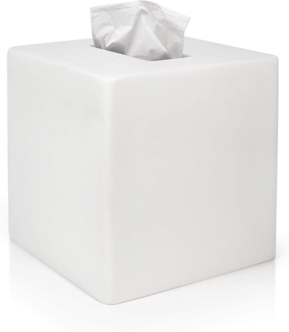 White Tissue Box Cover - Modern Tissue Holder, Lacquer High Gloss Finish & Rounded Edges - Cube Square Box. Bathroom, Desks, Kitchen Countertop, Dressers - Wont Move When You Pull a Tissue!