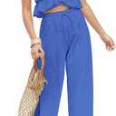FANCYINN Womens 2 Pieces Outfits Deep V Neck Crop Top Side Slit Drawstring Wide Leg Pants Set Jumpsuits (Blue, XS)