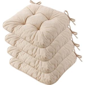 Chair Cushions for Dining Chairs, Tufted Foam Kitchen Chair, Non-Slip Seat Cushions with Ties Set of 4, 15.5" x 15.5" x 4", Beige