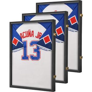 Jersey Frame Display Case 3 Pack- Large Sports Jersey Display Case, Wall Mount Lockable Flat Jersey Shadow Box with UV Protection for Football, Baseball, Basketball, Hockey, Soccer, Black