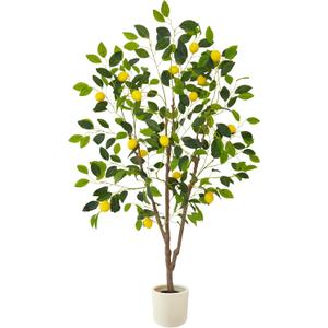 Artificial Lemon Tree, 5ft Tall Fake Lemon Silk Plant with White Planter, Faux Lemon Plastic Fruit Tree for Indoor Home Decor Office Garden