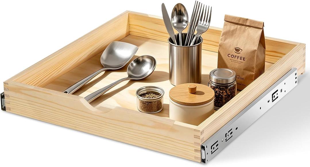 Wooden Pull Out Cabinet Organizer, 18" W x 21" D x 3" H, Soft Close