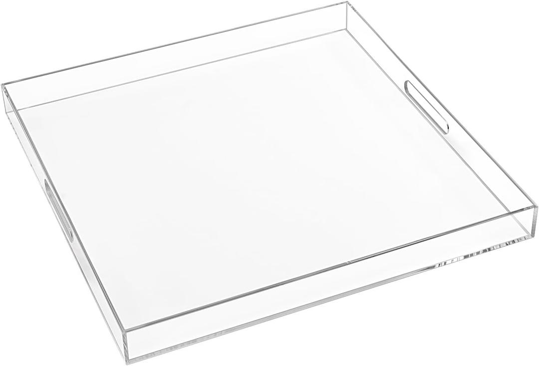 1818 Inch Clear Acrylic Serving Tray with Handles Extra Large Ottoman Tray Decorative Tray Spill-Proof Coffee Table Space Saver Oversize Counter top Organizer Platter with Safe Edge