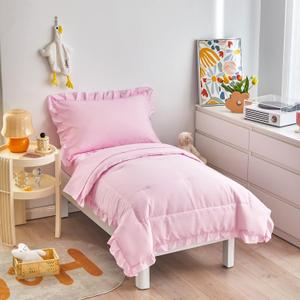 4 Pieces Pink Toddler Bedding Set with Ruffle Fringe, Solid Color Toddler Bed Set - 1 Toddler Comforter + 1 Fitted Sheet +1 Flat Sheet +1 Pillowcase for Baby Boys and Girls, 4 Pc Toddler Bedding Set