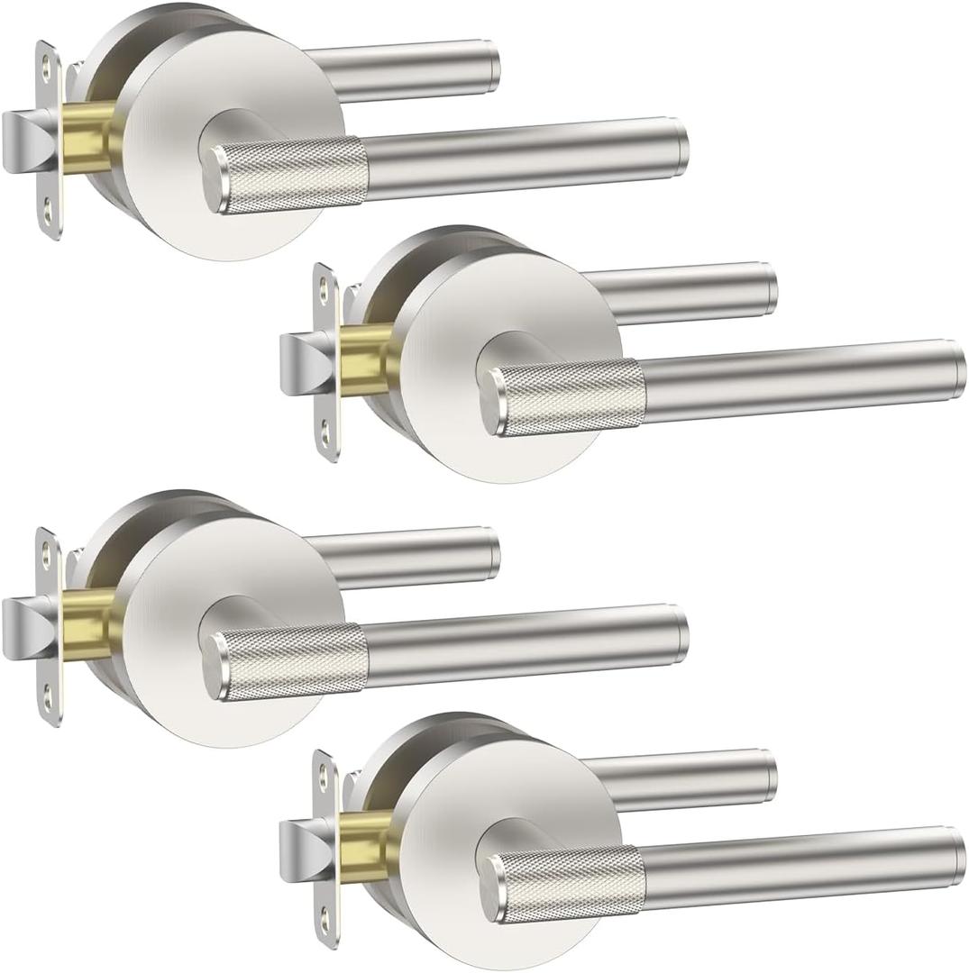 Asidrama 4 Pack Passage Brushed Nickel Door Handles, Door Lever with Door Knobs Indoor for Bedroom or Bathroom, Heavy Duty Door Handles Interior with Locks for Left Right Sided Doors