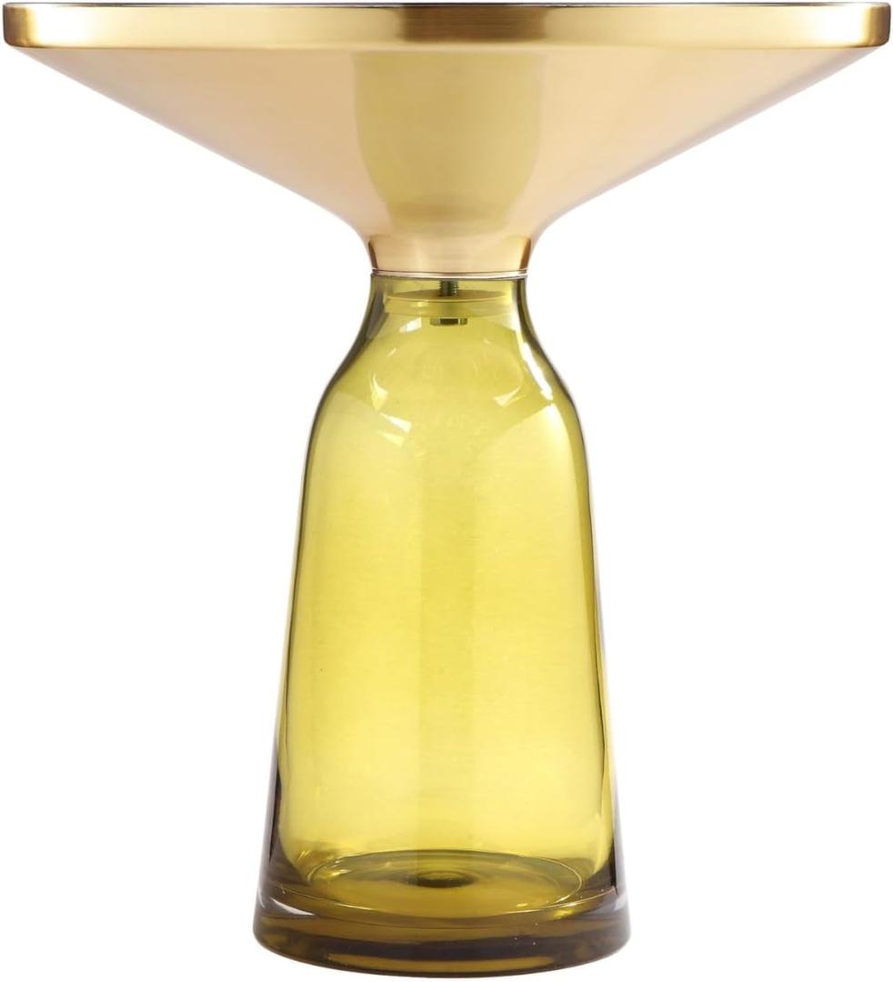 Benjara Len 21 Inch Side End Table, Blown Glass Bell Base, Funnel Steel, Gold and Yellow