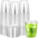 50 Pack 12 oz Round Bottom Plastic Cups with Sip Lids, Strawless To Go Iced Coffee Latte Cups, Disposable Clear Boba Tea Smoothie Cup for Cold Beverage Shops, Party, Picnics, Takeout, Office