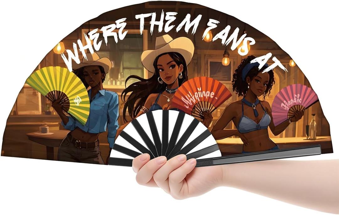 Where Them Fans At Hand Fan Foldable, Line Dance Popping Fans, Large Festival Hand Folding Fan, 26In