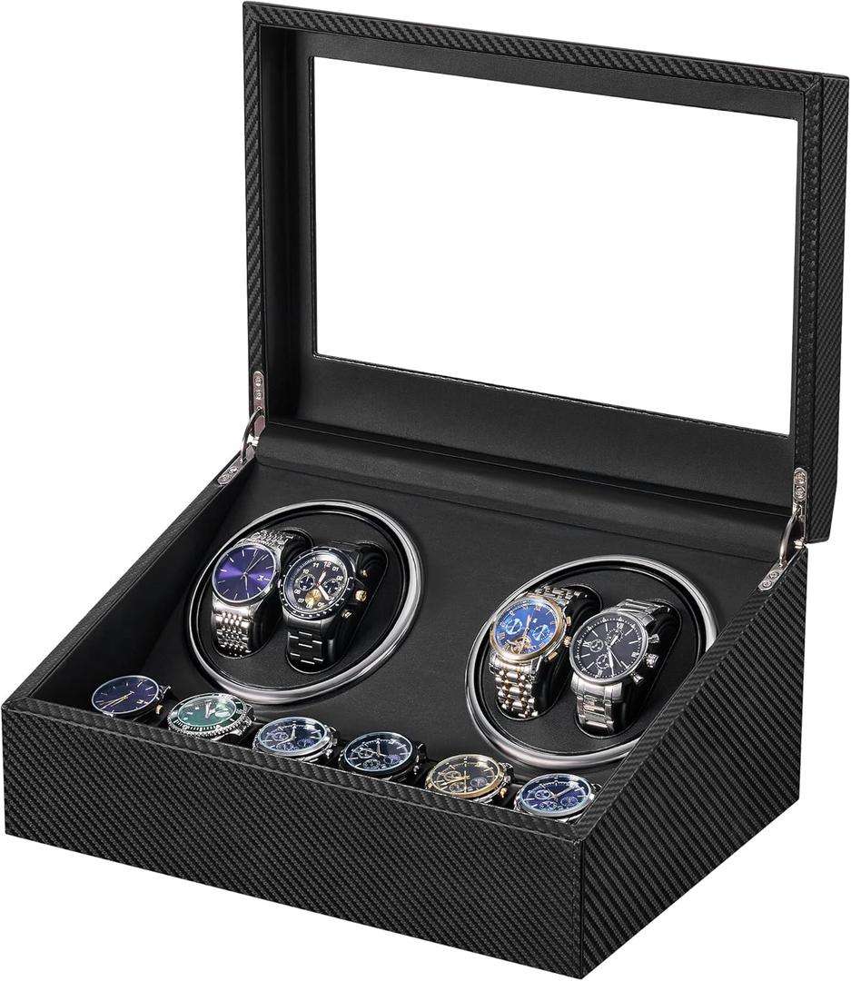 BEWISHOME Watch Winders for Automatic Watches, 4 Watch Winder and 6 Storage Case with Quiet Japanese Motor, Automatic Watch Winder Box Watch Rotator with Type-C Adapter, Carbon Fiber SYQ31C