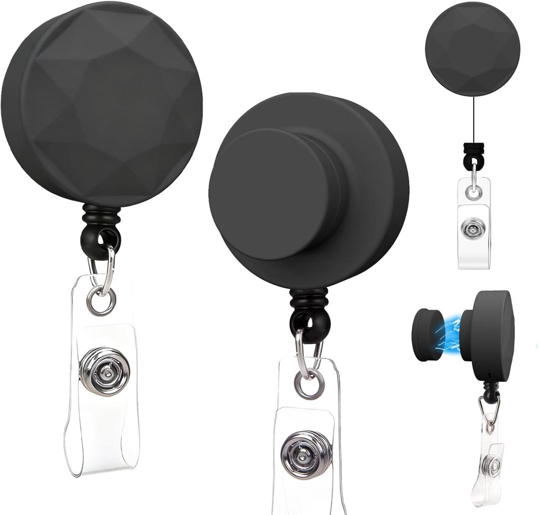 2 Pcs Retractable Magnetic Badge Reel, Diamond Design Strong Magnetic Badge Holder, Name ID Tag Clip with 24 Inch Pull Cord for Nurses Teachers Office Staff (Black)