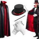 4 Pcs Red Black Magician Set Wizard Ribbon Hat Cape Gloves Wand Unisex Gothic Costume for Halloween Cosplay Stage