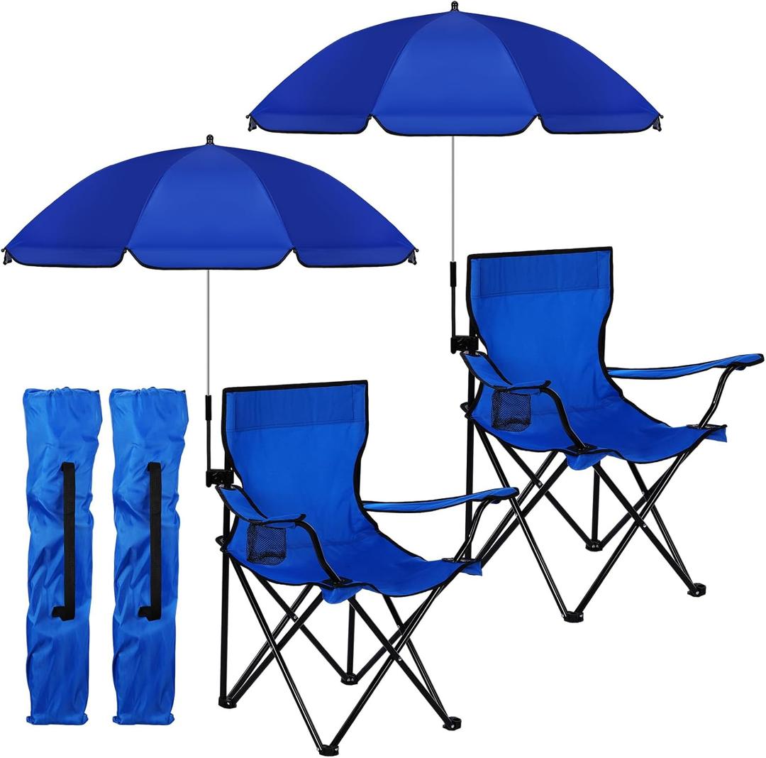 2 Pack Beach Chair with Umbrella for Adults Universal Clamp Folding Lightweight Adjustable Backpack Sling Beach Camping Chair with Cup Holder for Sand Camping Travel Outdoor Pool