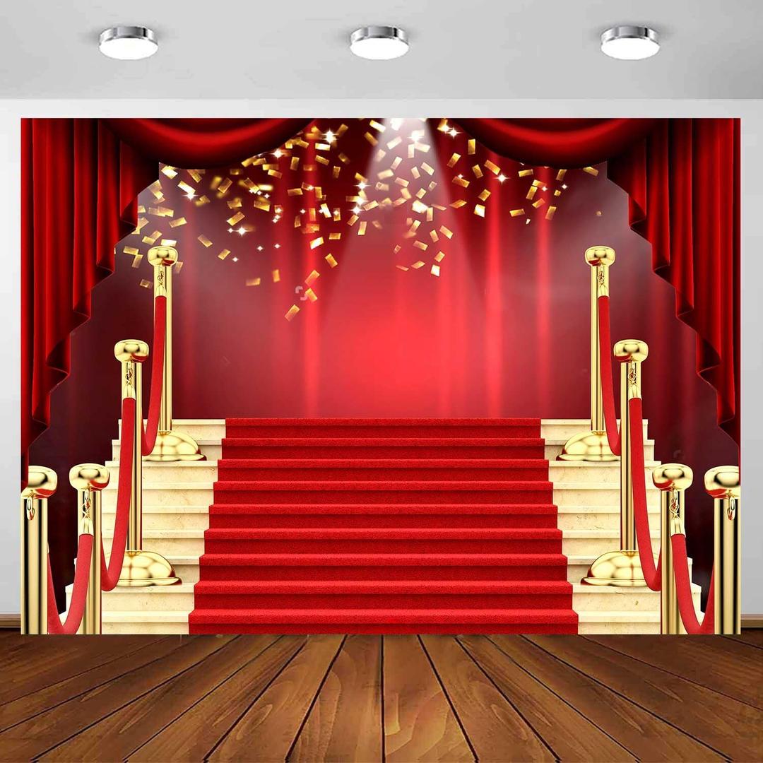 Red Carpet Backdrop 7 x 5 ft Red Curtain Staircase Movie Star Event Photo Background, Movie Night Golden Glitter Event Banner for Birthday Party Photography Pops Supplies Decor