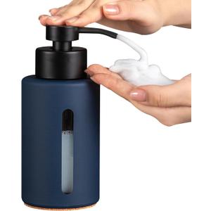 Enra Foaming Soap Dispenser with Window,12oz Blue Kitchen Soap Dispenser with Stainless Steel Hand Pump, Foam Modern Glass Refillable Bottle for Bathroom Kitchen (Blue Foam Dispenser)