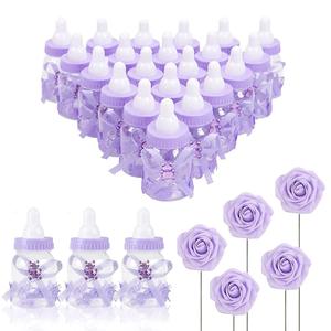 MACTING 2 Dozens 3.5 Inch Feeding Bottle Candy Box with 5Pcs Artificial Flower Rose for Baby Shower Favor Gift Decoration (Purple)