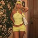 Sexy 2 Piece Sets for Women Going Out Stretchy Halter Neck Top and Shorts Sets Women 2 Piece Outfits 2025 (Yellow, L)