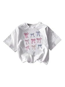 RoseSeek Girl's Graphic Tees Short Sleeve Bow Print Tee Tops Crew Neck Drop Shoulder Casual Summer T Shirts White 9Y