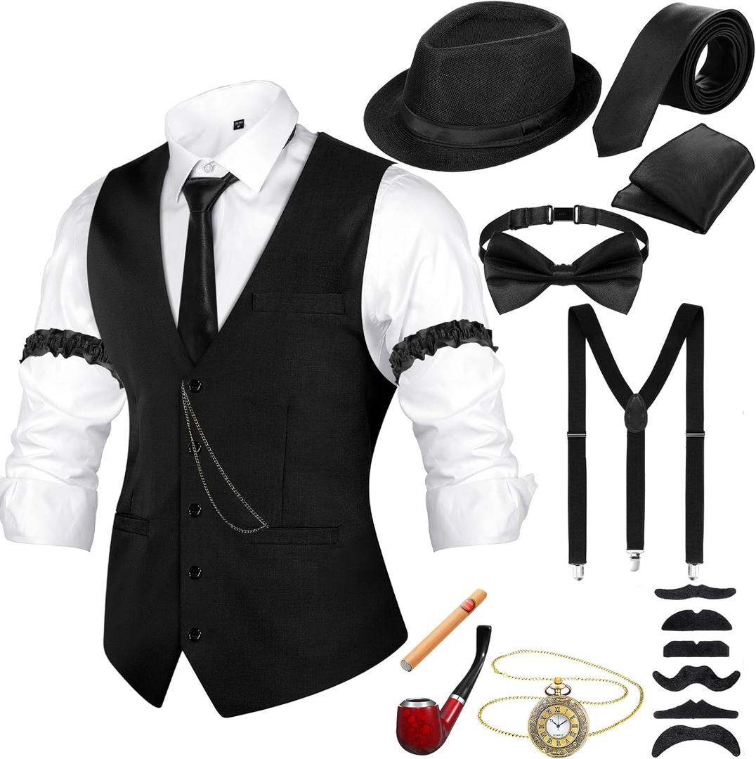 Neer 1920s Men Costume Accessories Outfit with Gangster Vest Hat Vintage Pocket Watch Bow Tie Suspenders Accessories (Small, Black)