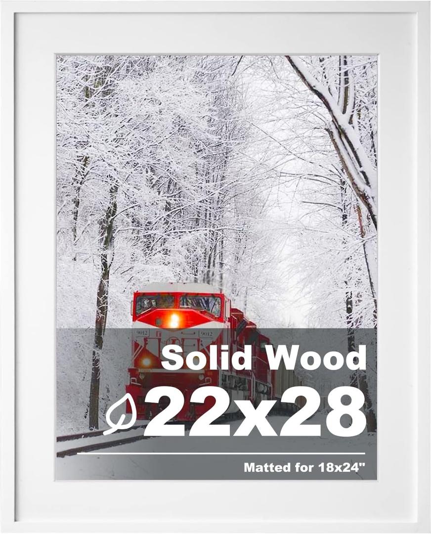 Egofine 22x28 Solid Wood Picture Frame, Made of Solid Wood Covered by Plexiglass 18x24 with Mat 22x28 without Mat, Poster Frame for Wall Mounting Hanging Photo Frame Vertically or Horizontally, White
