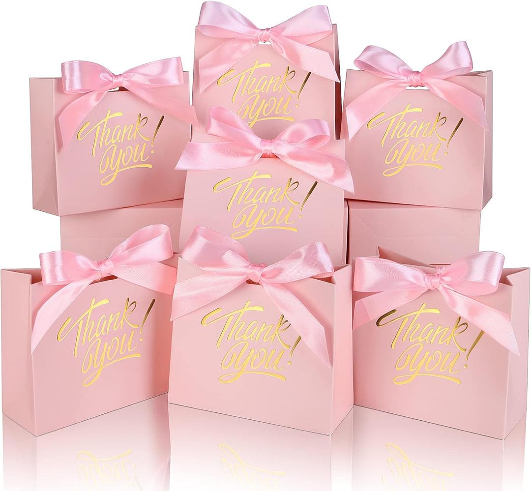 Small Thank You Gift Bags - 60 Pack, 4.5x1.8x3.9in Gold Foil Printed with Bow Ribbon, Mini Candy Treat Bags for Birthday Wedding Party Holiday (Pink)