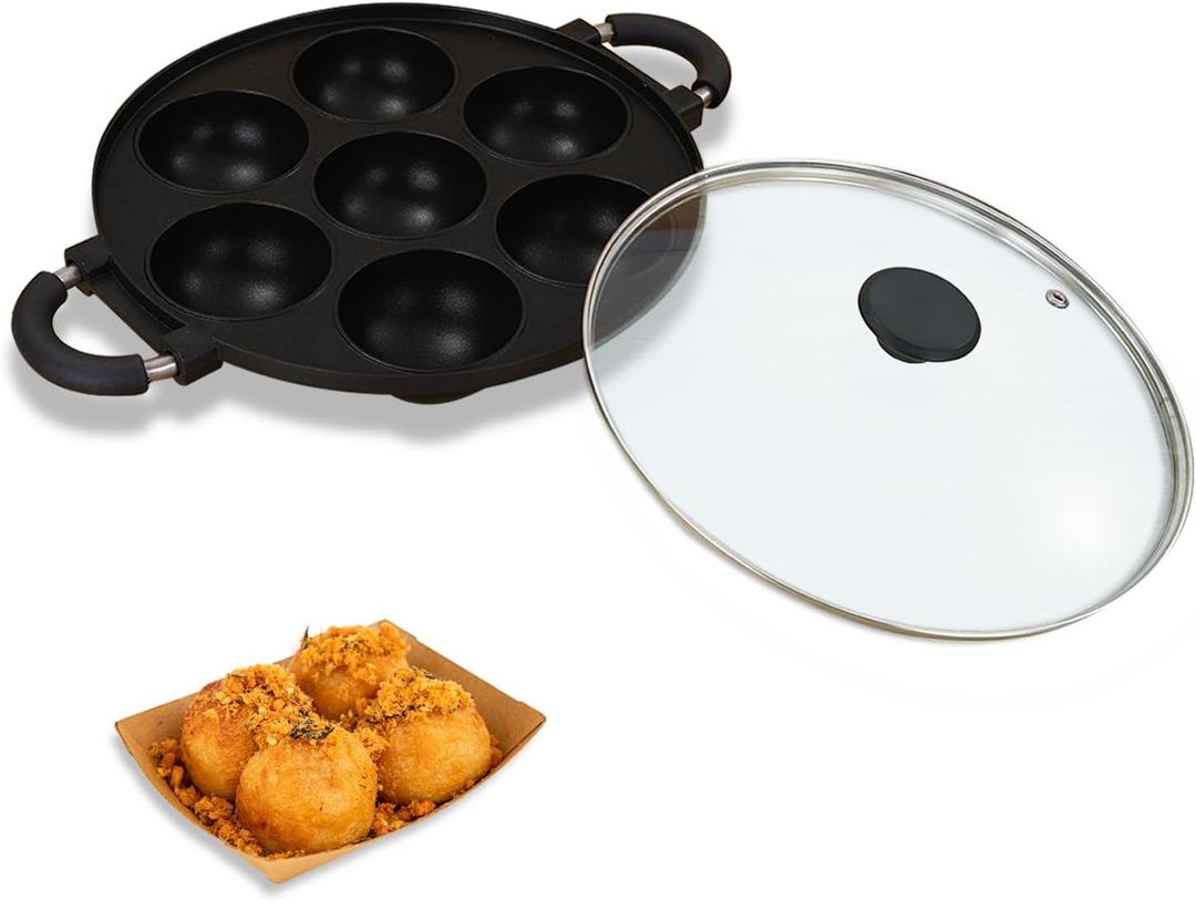 Large Aperture Takoyaki Pan with Glass Cove, Cast Iron Takoyaki Pan(7 Hole)
