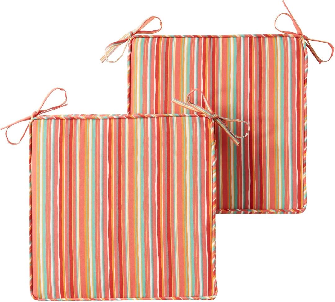 Outdoor 18 inch Square Patio Dining Chair Pads Comfortable Fiber-Filled Seat Cushions with Ties, Reversible Polyester Fabric - Watermelon Stripe, Set of 2