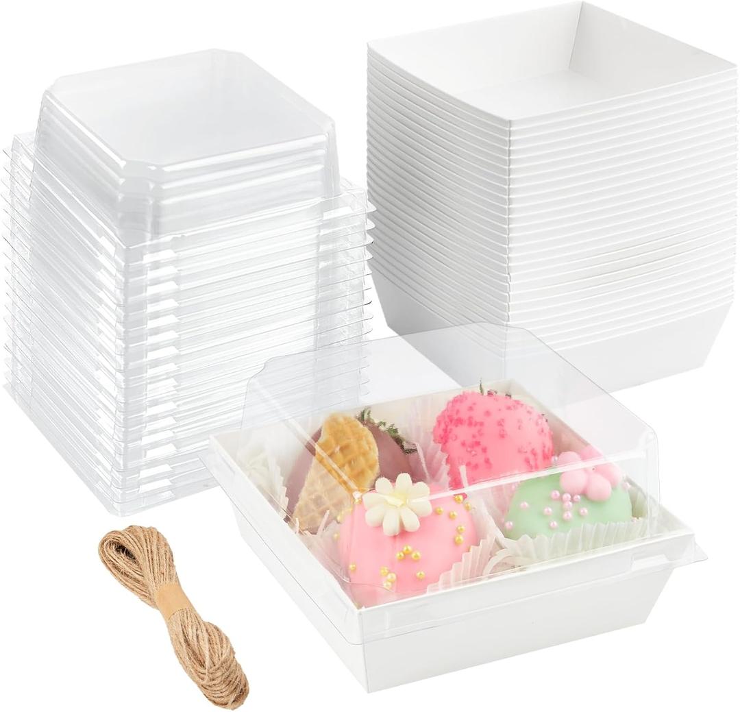 ZORRITA 50 Pack Small Paper Charcuterie Boxes with Clear Lids, 44 Inch Mini Cake Slice Boxes To Go Bakery Containers for Individual Desserts, Cookies, Strawberries, Treats (White)