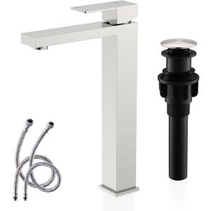 KENES Brushed Nickel Vessel Sink Facuet Single Handle Tall Bathroom Sink Faucet Vanity Bathroom Faucet Basin Mixer Tap with Water Supply Hose and Pop Up Sink Drain, LJ-9031A