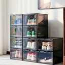 JECCICHY 10 Pack Black Shoe Storage Boxes Stackable, Plastic Shoe Boxes with Lids, Sneaker Storage, Transparent, Thick Hard, Drop Front Door, Within US Size 13, Size: 13.54”x10.63”x7.49”